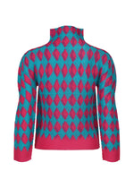 The DIAMOND top by me ISSEY MIYAKE features a high neck and long sleeves, showcased from the back in pink and blue with a bold geometric diamond pattern that brings striking style to this cozy sweater.