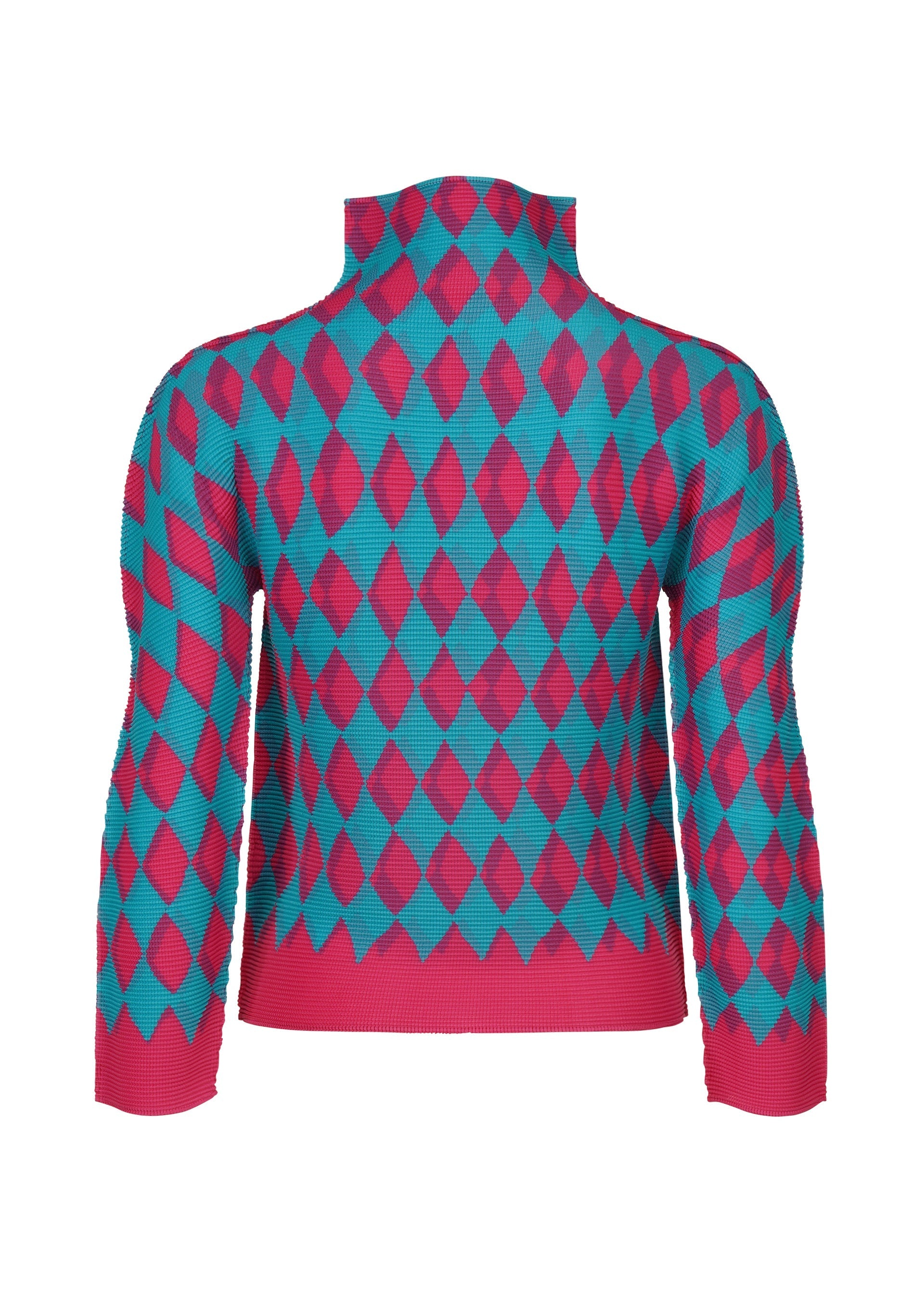Zoomed view The DIAMOND top by me ISSEY MIYAKE features a high neck and long sleeves, showcased from the back in pink and blue with a bold geometric diamond pattern that brings striking style to this cozy sweater.