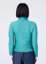 A person with straight, chin-length dark hair is seen from behind wearing the me ISSEY MIYAKE STRETCH PLEATS 2 teal long-sleeved top with stretch pleats and dark blue pants against a plain light background.