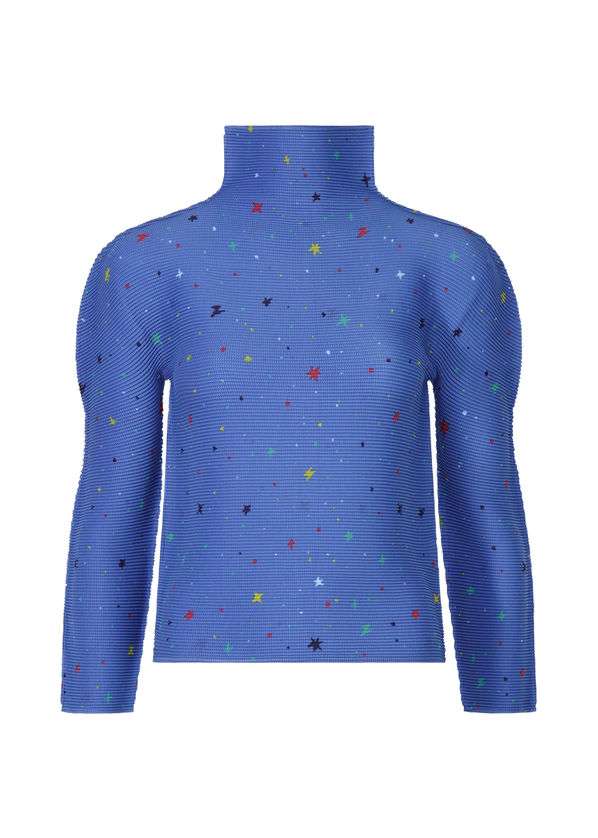 Zoomed view The TWINKLE STAR top by me ISSEY MIYAKE is a blue, high-neck, long-sleeve ribbed piece with stretch pleats and a colorful star print in red, yellow, black, and green. - BLUE-HUED （no.78）