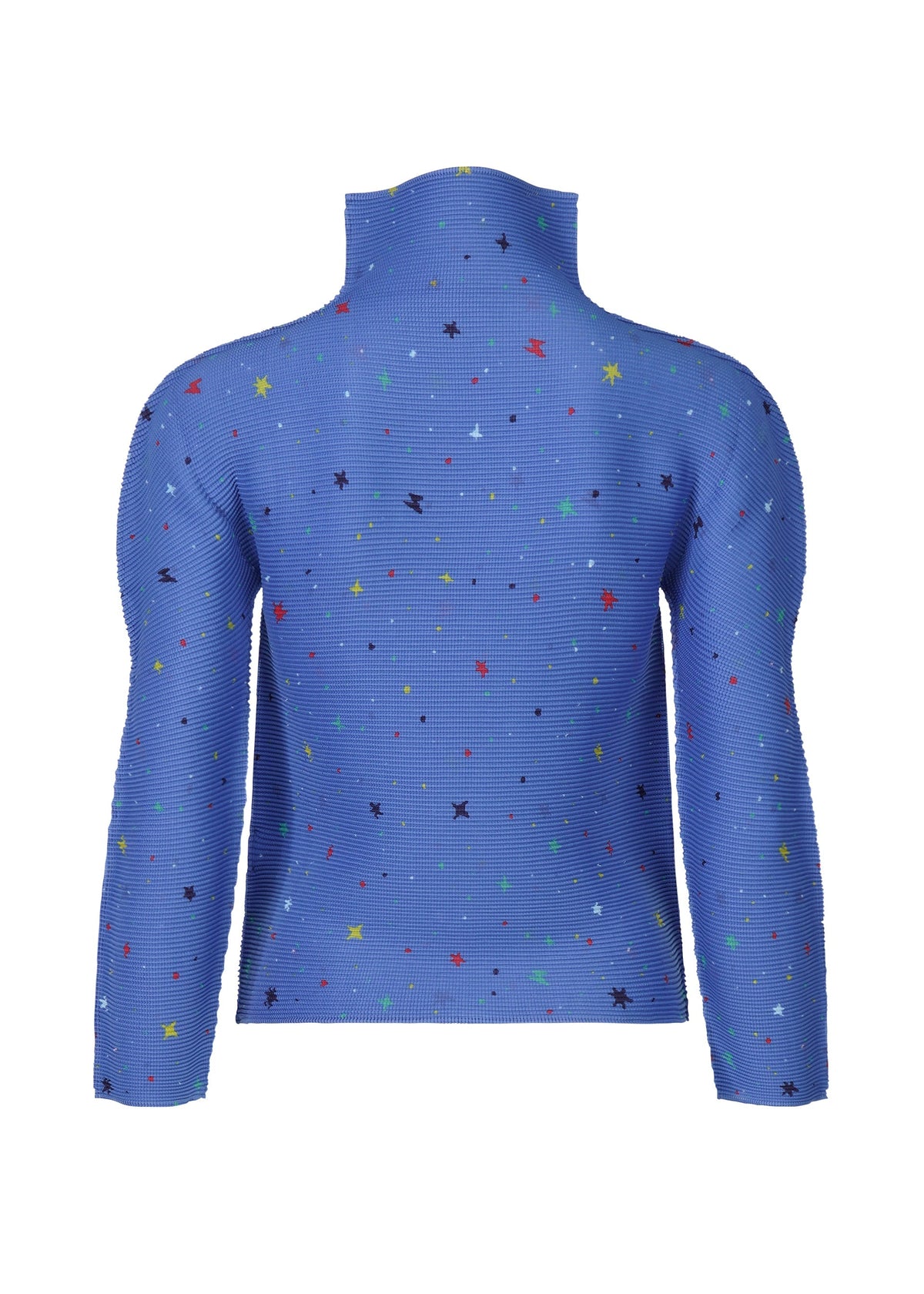 The TWINKLE STAR top by me ISSEY MIYAKE is a blue, high-neck, long-sleeve piece with a ribbed texture and vibrant star and multicolored dot print, displayed from the back on a white background. view 3 of 6