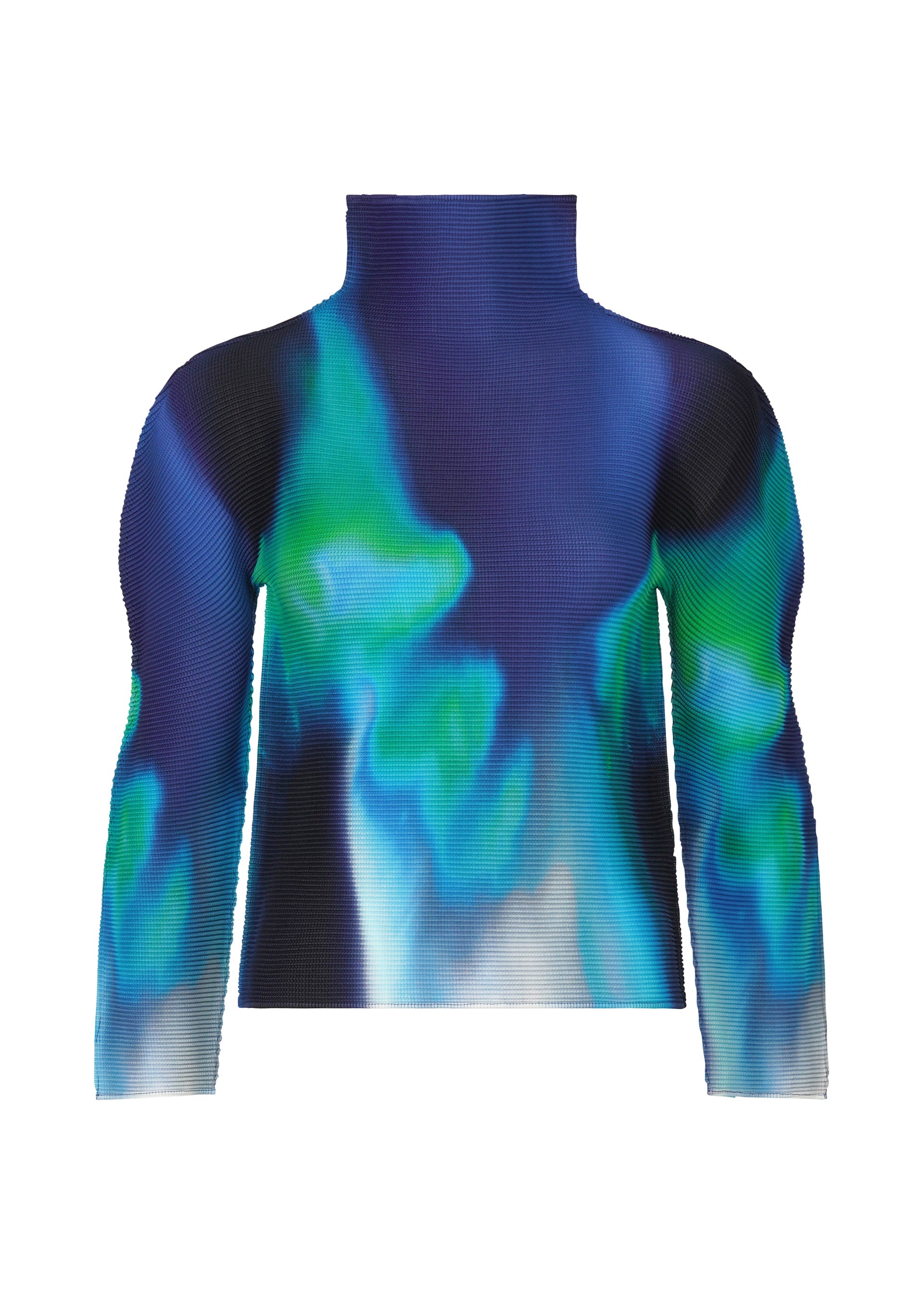 Zoomed view The AURORA top by me ISSEY MIYAKE features a high neck and long sleeves with a vibrant aurora pattern in blue, green, black, and white, shown on a plain white background. - BLUE-HUED （no.78）
