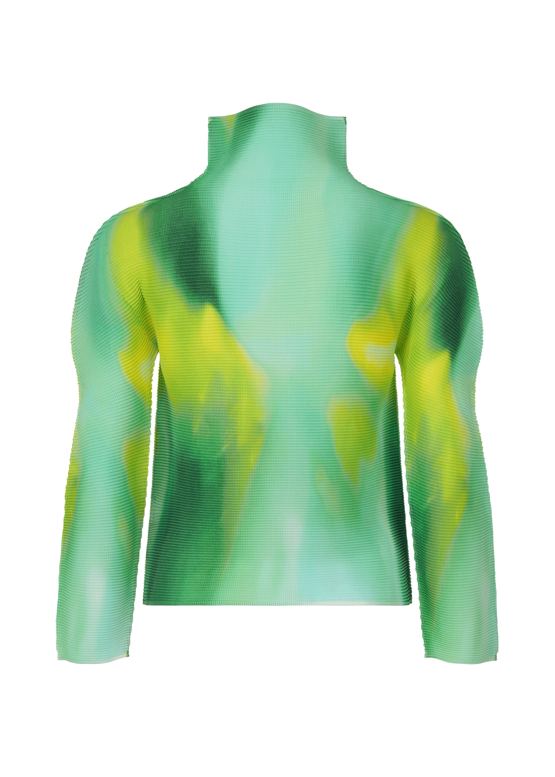 Zoomed view The AURORA top by me ISSEY MIYAKE features a high neck and long sleeves in textured stretch pleats, showcasing an aurora-inspired abstract pattern in green, yellow, and turquoise, presented from the back.