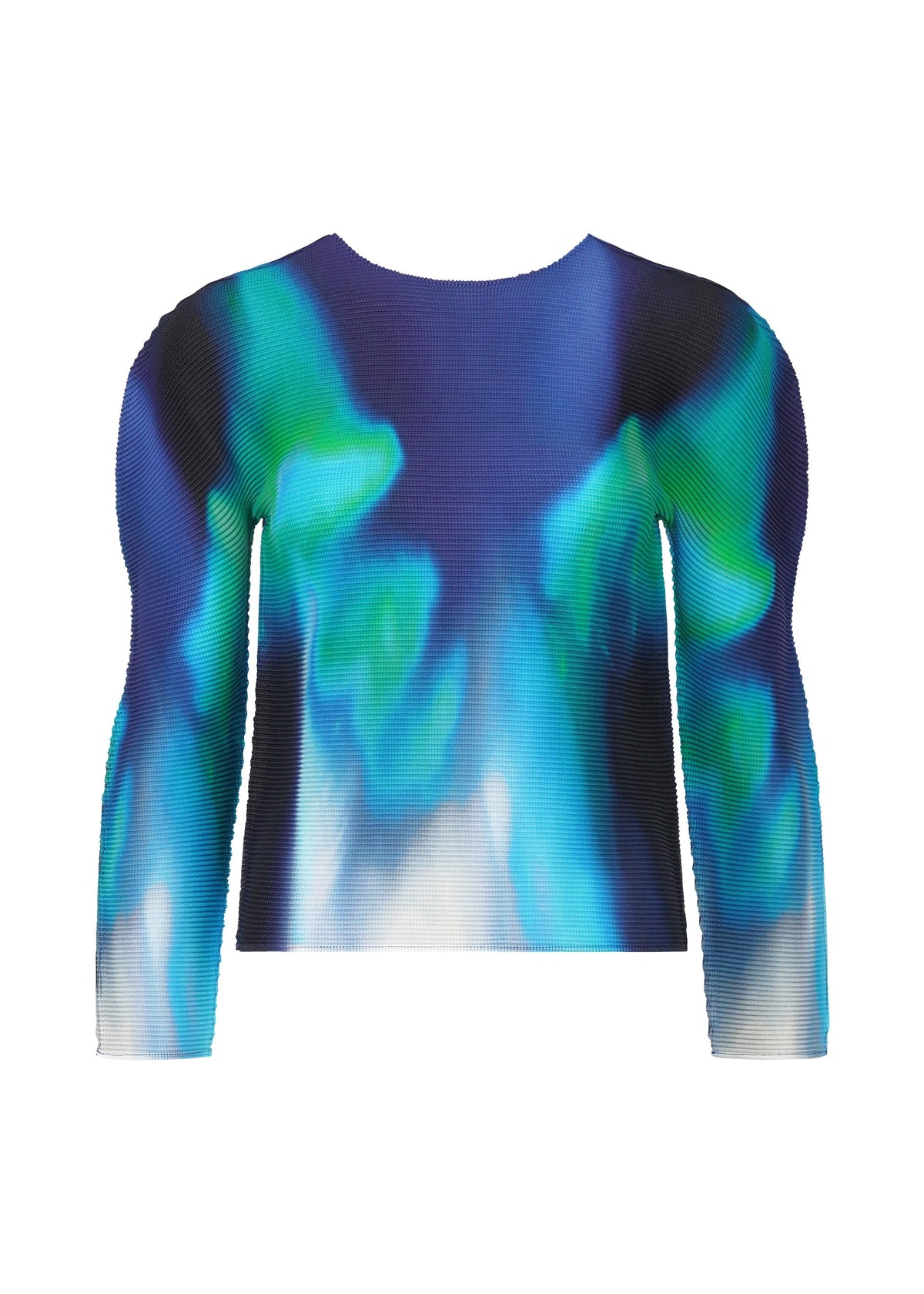 The AURORA top by me ISSEY MIYAKE is a blue and white round-neck, long-sleeve piece featuring a stylish aurora pattern. view 2 of 6