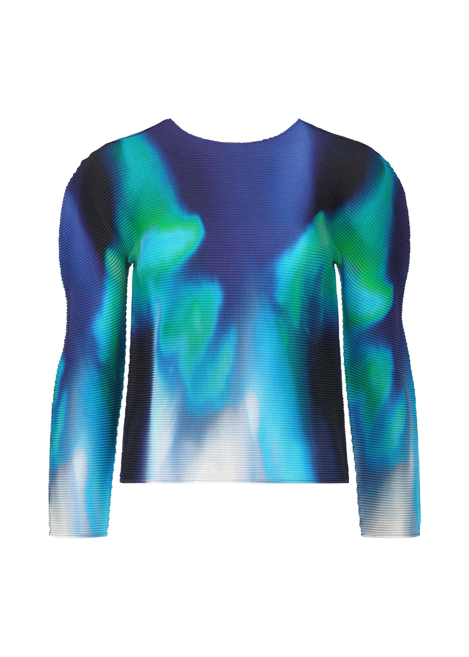 Zoomed view The AURORA top by me ISSEY MIYAKE is a blue and white round-neck, long-sleeve piece featuring a stylish aurora pattern. - BLUE-HUED （no.78）