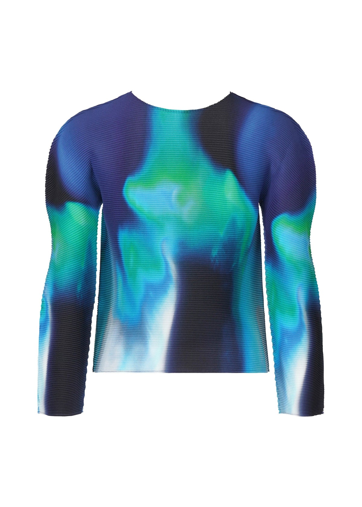 The AURORA top by me ISSEY MIYAKE features a round neck, long sleeves, a fitted silhouette, and a vibrant aurora pattern in blue, teal, green, and black, with subtle texture. Shown on a plain white background. view 3 of 6