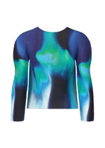 The AURORA top by me ISSEY MIYAKE features a round neck, long sleeves, a fitted silhouette, and a vibrant aurora pattern in blue, teal, green, and black, with subtle texture. Shown on a plain white background.