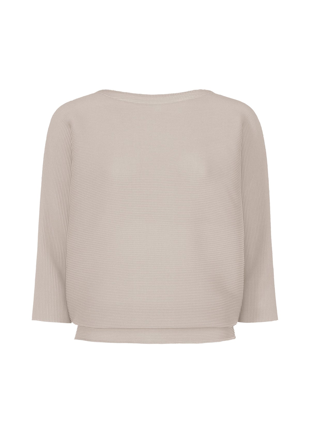 The DOLMAN STRETCH PLEATS 2 top by me ISSEY MIYAKE is light beige, with a ribbed texture, loose fit, crew neckline, stretchy fabric, and slightly dropped shoulders. Displayed on a plain white background for effortless style. view 1 of 8