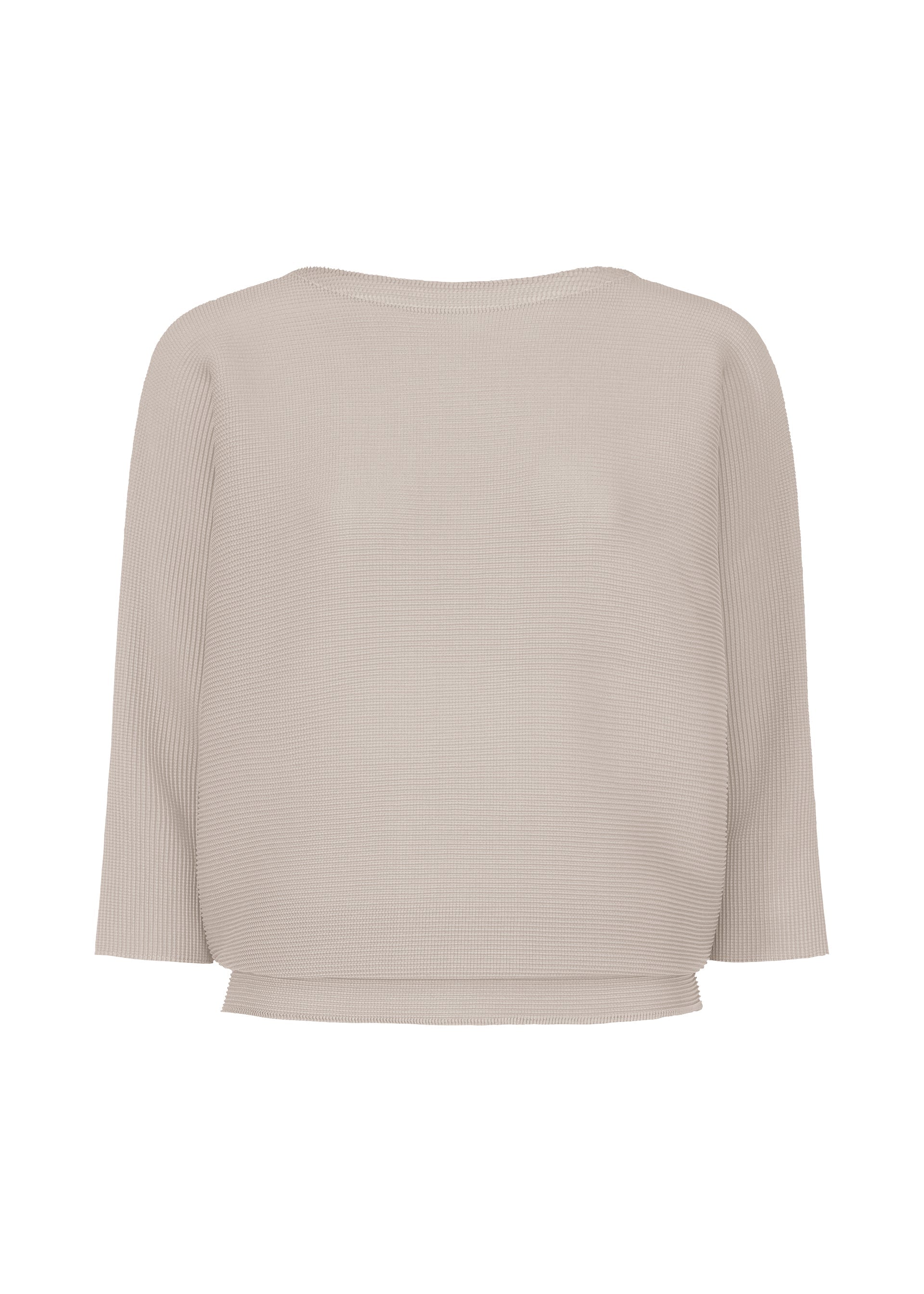 Zoomed view The DOLMAN STRETCH PLEATS 2 top by me ISSEY MIYAKE is light beige, with a ribbed texture, loose fit, crew neckline, stretchy fabric, and slightly dropped shoulders. Displayed on a plain white background for effortless style. - LIGHT GRAY (no.11)