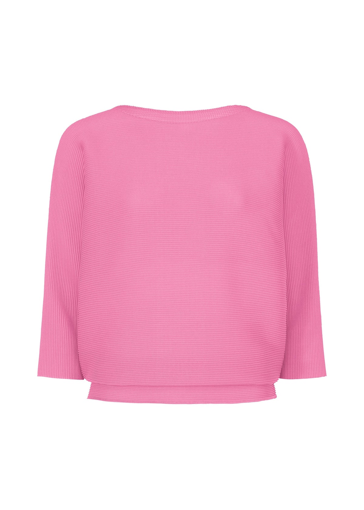 The me ISSEY MIYAKE DOLMAN STRETCH PLEATS 2 is a plain, bright pink ribbed knit top with 3/4 sleeves and a wide neckline, featuring subtle stretch pleats and shown on a white background. view 2 of 8