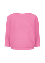 The me ISSEY MIYAKE DOLMAN STRETCH PLEATS 2 is a plain, bright pink ribbed knit top with 3/4 sleeves and a wide neckline, featuring subtle stretch pleats and shown on a white background. - ROSE PINK (no.21)