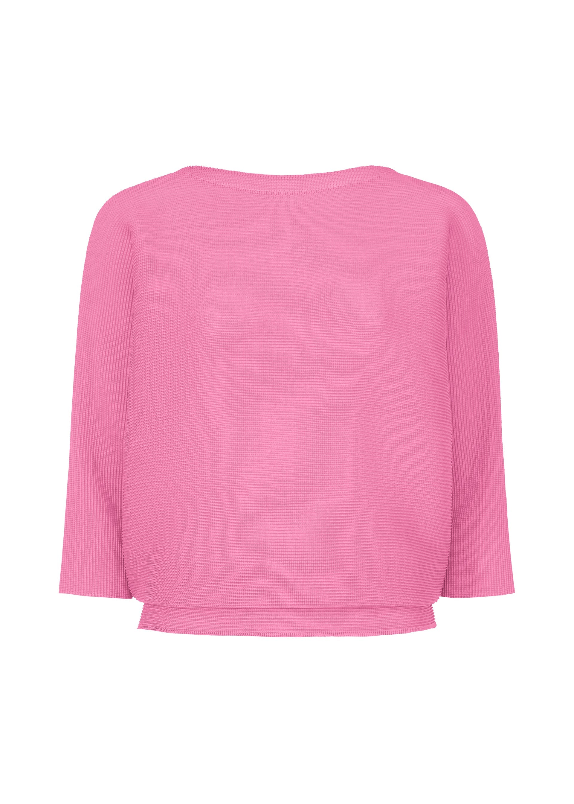 Zoomed view The me ISSEY MIYAKE DOLMAN STRETCH PLEATS 2 is a plain, bright pink ribbed knit top with 3/4 sleeves and a wide neckline, featuring subtle stretch pleats and shown on a white background. - ROSE PINK (no.21)