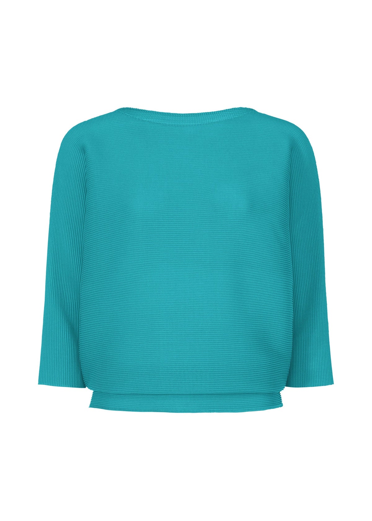 The me ISSEY MIYAKE DOLMAN STRETCH PLEATS 2 top is turquoise with ribbed knit, 3/4 sleeves, a loose fit, and a simple round neckline. Displayed on a plain white background, it has no visible embellishments or fastenings. view 3 of 8