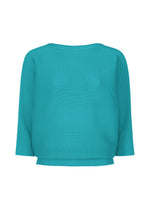The me ISSEY MIYAKE DOLMAN STRETCH PLEATS 2 top is turquoise with ribbed knit, 3/4 sleeves, a loose fit, and a simple round neckline. Displayed on a plain white background, it has no visible embellishments or fastenings. - TURQUOISE (no.73)