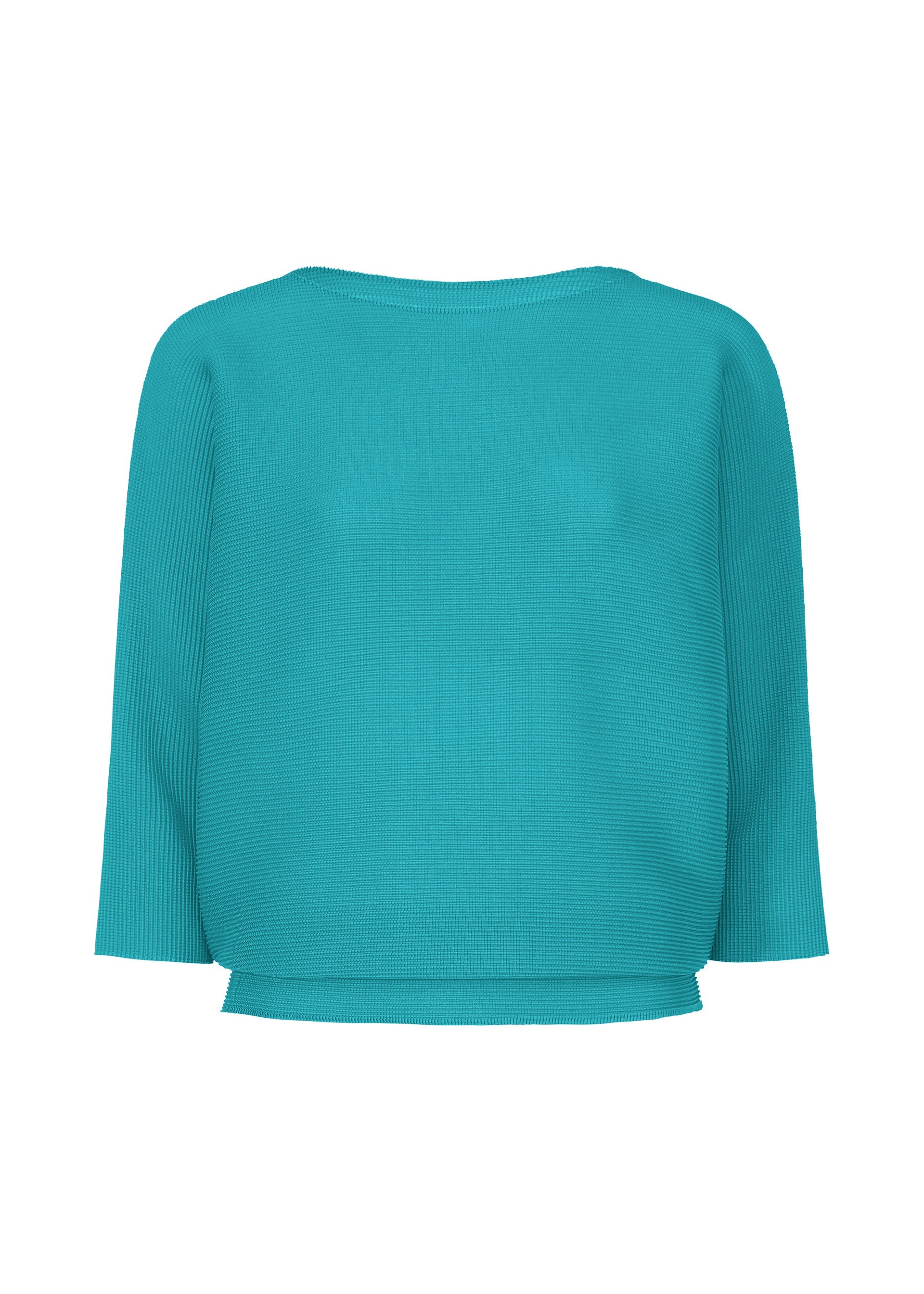 Zoomed view The me ISSEY MIYAKE DOLMAN STRETCH PLEATS 2 top is turquoise with ribbed knit, 3/4 sleeves, a loose fit, and a simple round neckline. Displayed on a plain white background, it has no visible embellishments or fastenings. - TURQUOISE (no.73)