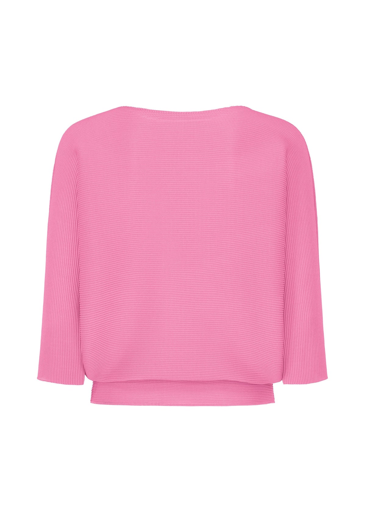 The DOLMAN STRETCH PLEATS 2 by me ISSEY MIYAKE is a plain, light pink ribbed knit top with three-quarter sleeves, shown from the back against a white background. view 4 of 8