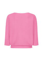 The DOLMAN STRETCH PLEATS 2 by me ISSEY MIYAKE is a plain, light pink ribbed knit top with three-quarter sleeves, shown from the back against a white background.