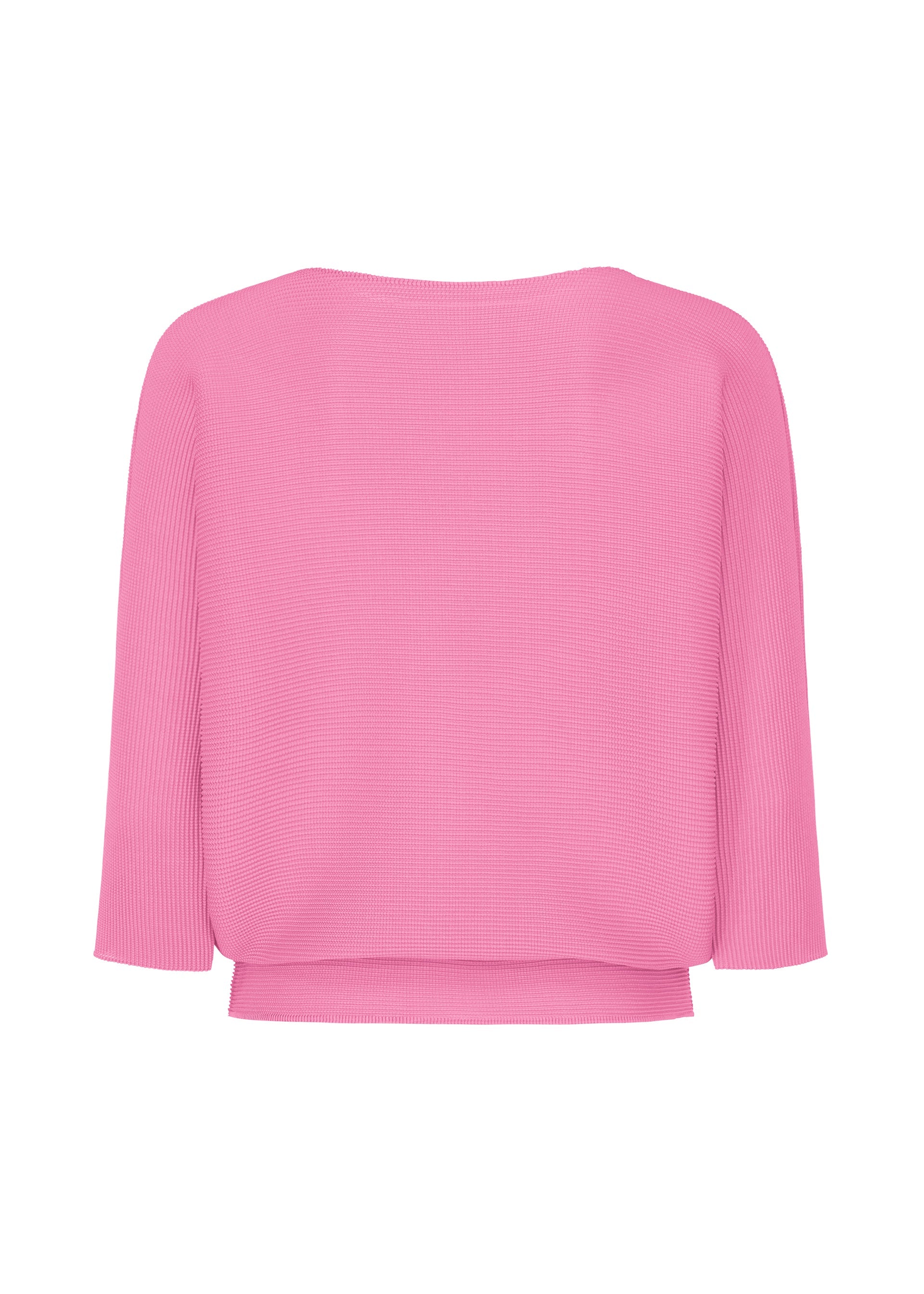 Zoomed view The DOLMAN STRETCH PLEATS 2 by me ISSEY MIYAKE is a plain, light pink ribbed knit top with three-quarter sleeves, shown from the back against a white background.