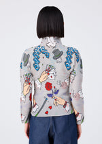 A person with straight, chin-length dark hair faces away, wearing the MAGIC fitted high-neck long-sleeved top by me ISSEY MIYAKE, with colorful cartoon graphics. Denim pants are partially visible.