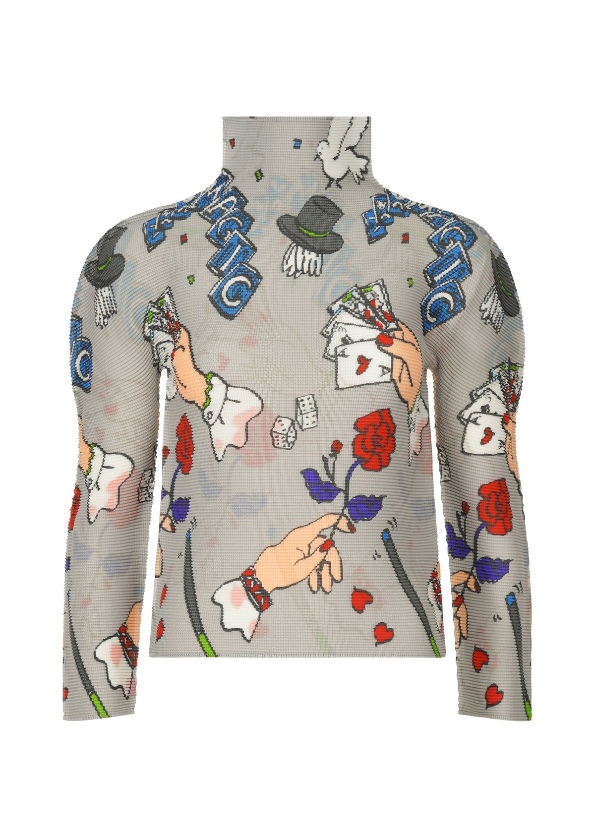 The MAGIC top by me ISSEY MIYAKE is a high-neck, long-sleeved piece featuring a vibrant magic marker print of playing cards, dice, roses, magician hands with wands, and top hats on a light gray background. view 1 of 6