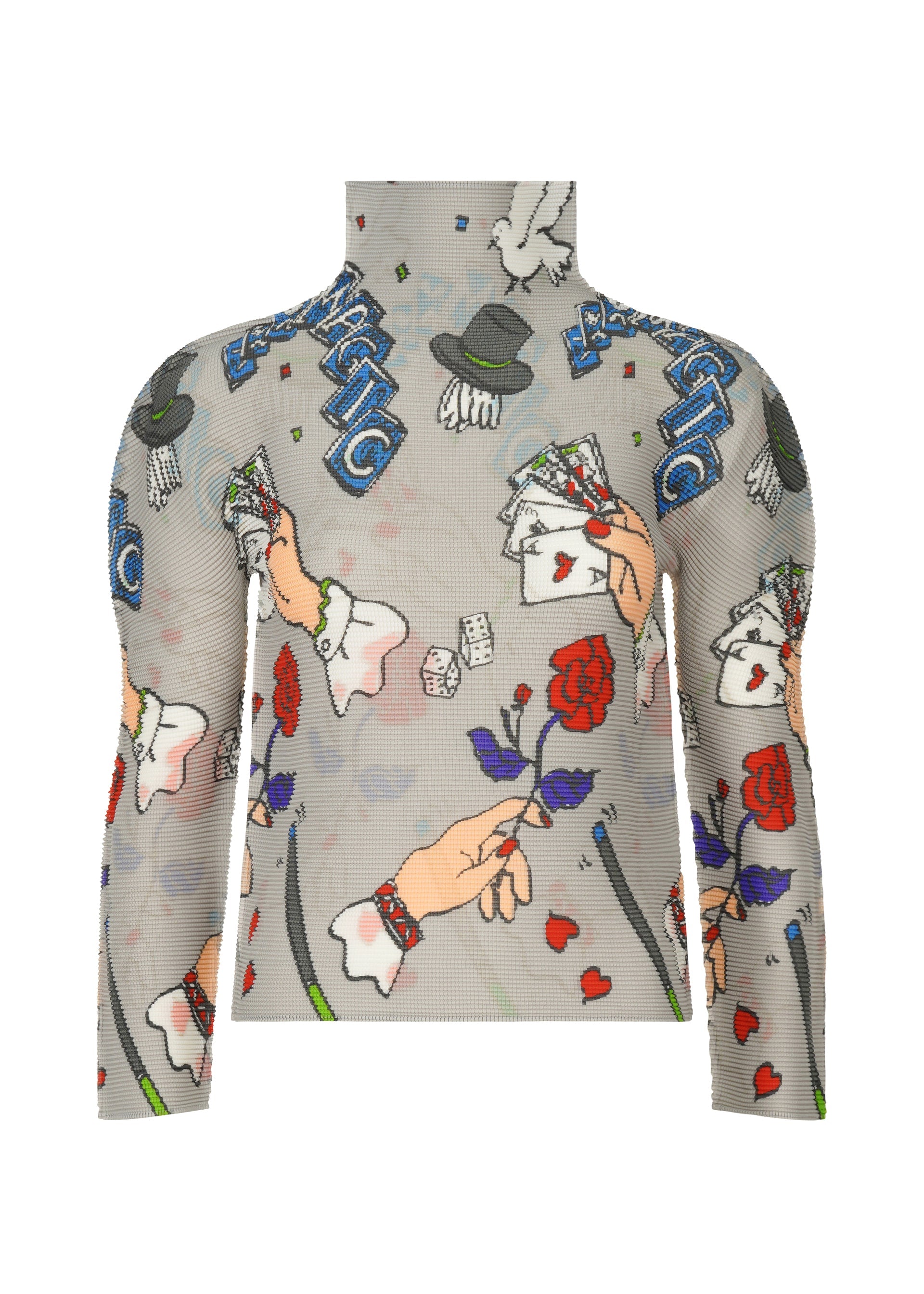 Zoomed view The MAGIC top by me ISSEY MIYAKE is a high-neck, long-sleeved piece featuring a vibrant magic marker print of playing cards, dice, roses, magician hands with wands, and top hats on a light gray background. - GRAY-HUED （no.17）
