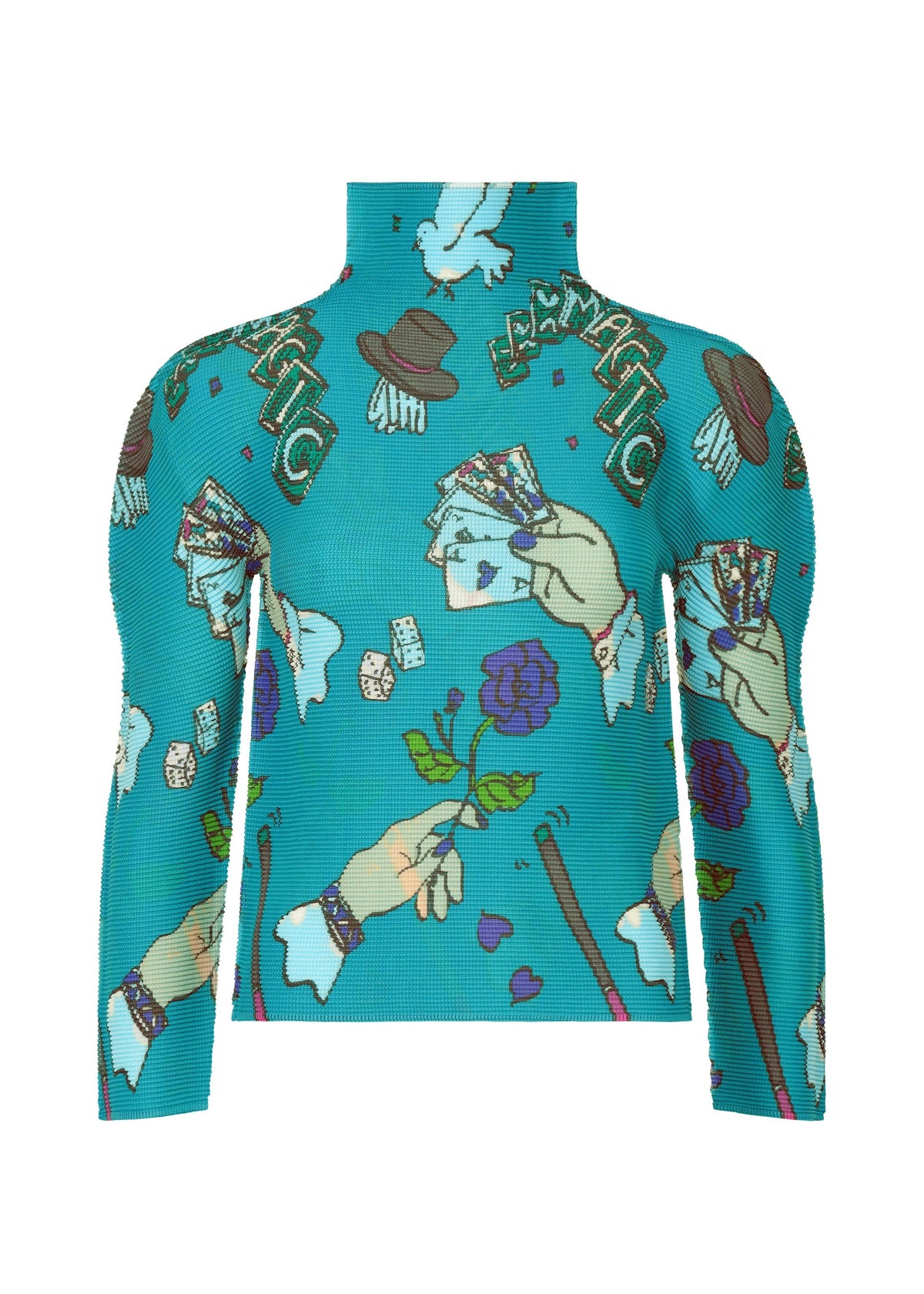 The MAGIC top by me ISSEY MIYAKE is a teal high-neck, long-sleeved shirt printed with illustrated hands holding cards, dice, roses, top hats, canes, doves, and bold “MAGIC” lettering for a whimsical magic marker effect. view 2 of 6