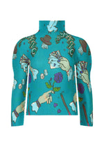 The MAGIC top by me ISSEY MIYAKE is a teal high-neck, long-sleeved shirt printed with illustrated hands holding cards, dice, roses, top hats, canes, doves, and bold “MAGIC” lettering for a whimsical magic marker effect. - TURQUOISE-HUED （no.77）