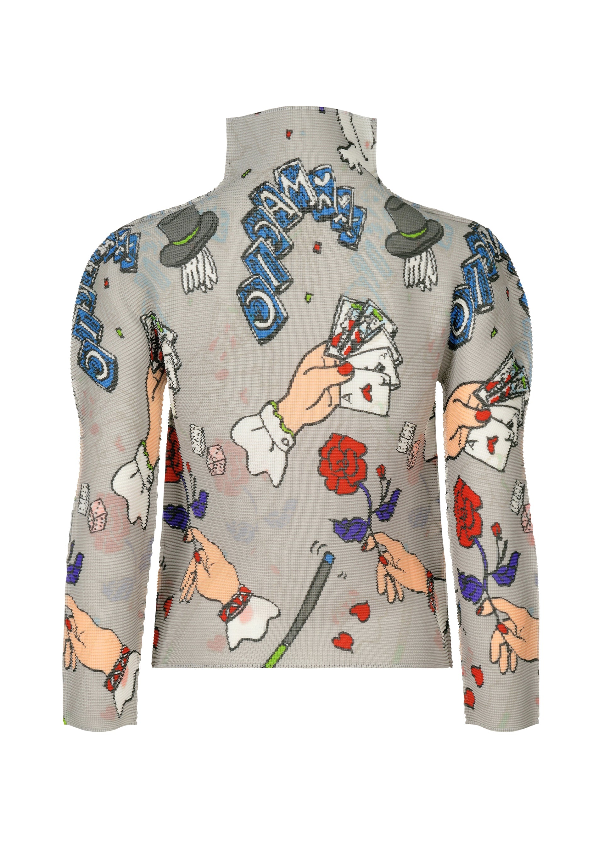 Zoomed view The MAGIC top by me ISSEY MIYAKE features a high neck, long sleeves, and colorful magic marker-style prints of hands with cards, dice, wands, hats, roses, plus "MAGIC" boldly across the chest and arms.