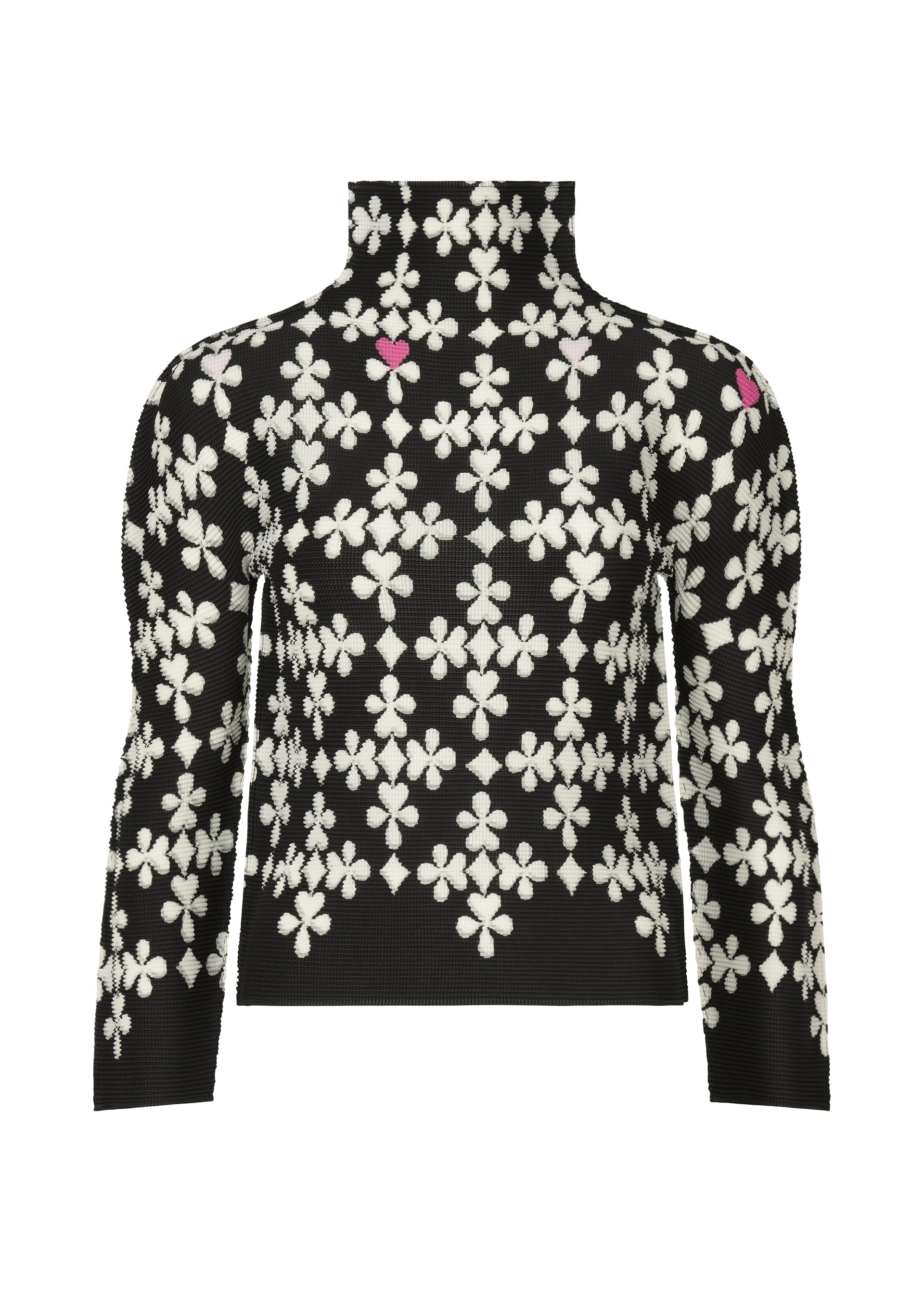 Zoomed view The SUIT by me ISSEY MIYAKE is a black high-neck long-sleeved top with a pattern of white and pink flowers and subtle playing card motifs. - BLACK-HUED （no.18）
