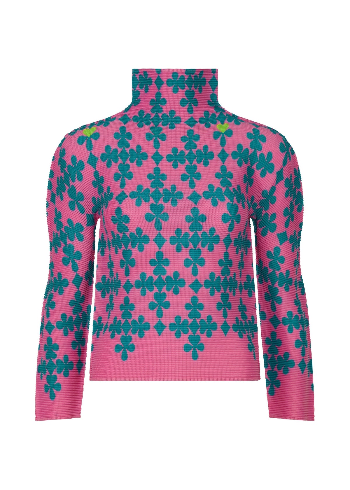 The SUIT top by me ISSEY MIYAKE is a pink, high-neck long-sleeve piece with teal four-leaf clover motifs and green accents, merging a playful card-inspired design with refined elegance. view 3 of 7