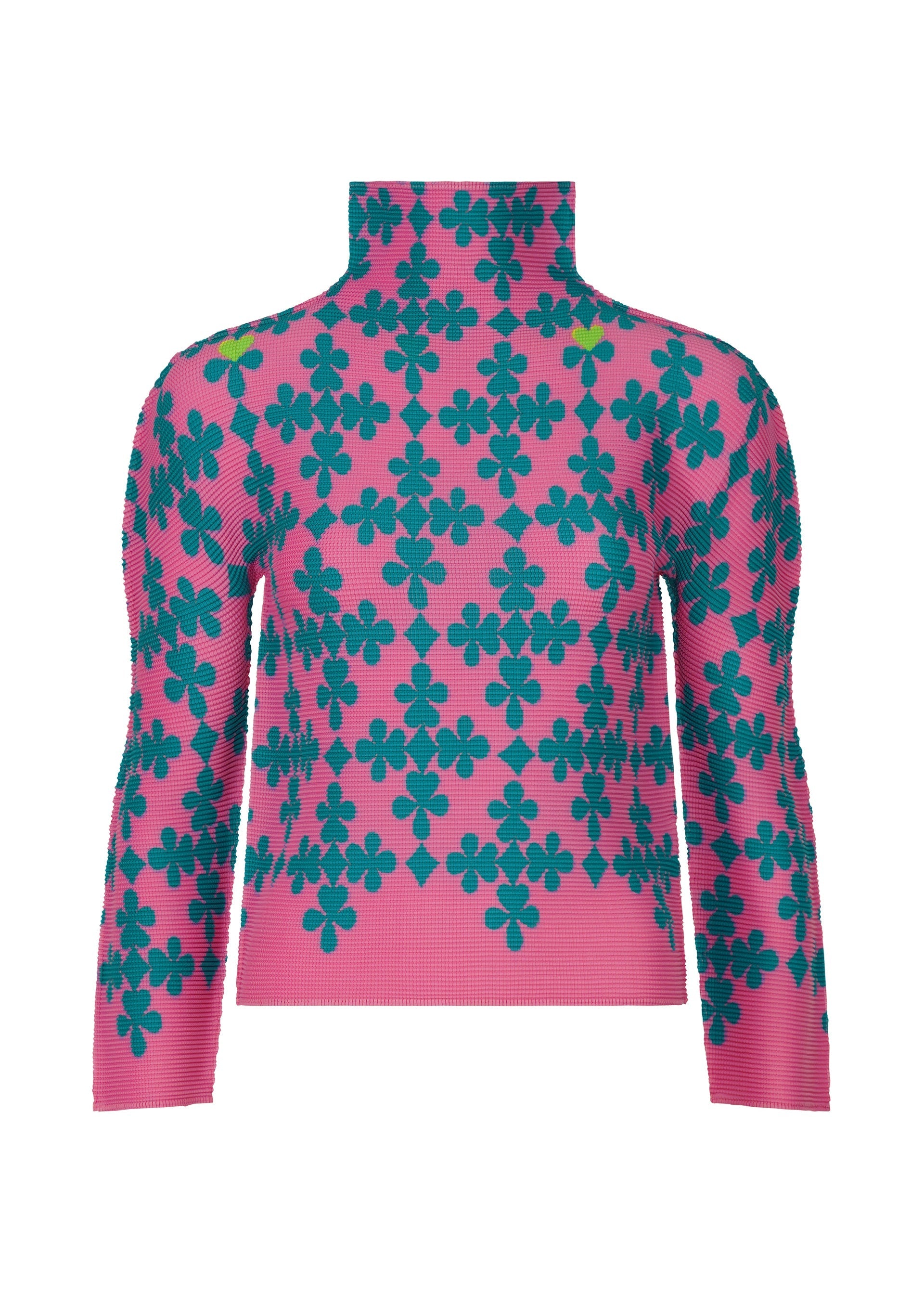 Zoomed view The SUIT top by me ISSEY MIYAKE is a pink, high-neck long-sleeve piece with teal four-leaf clover motifs and green accents, merging a playful card-inspired design with refined elegance. - PINK-HUED （no.28）
