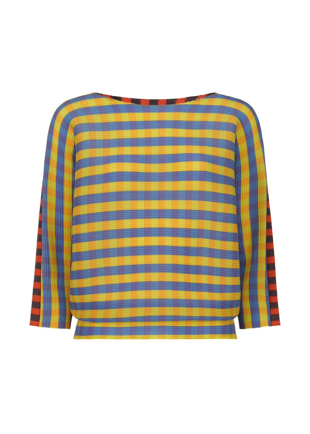 A loose-fitting, long-sleeved top with a multicolored plaid pattern in yellow, blue, orange, and green. The sleeves are three-quarter length and the neckline is wide and boat-shaped. view 1 of 8