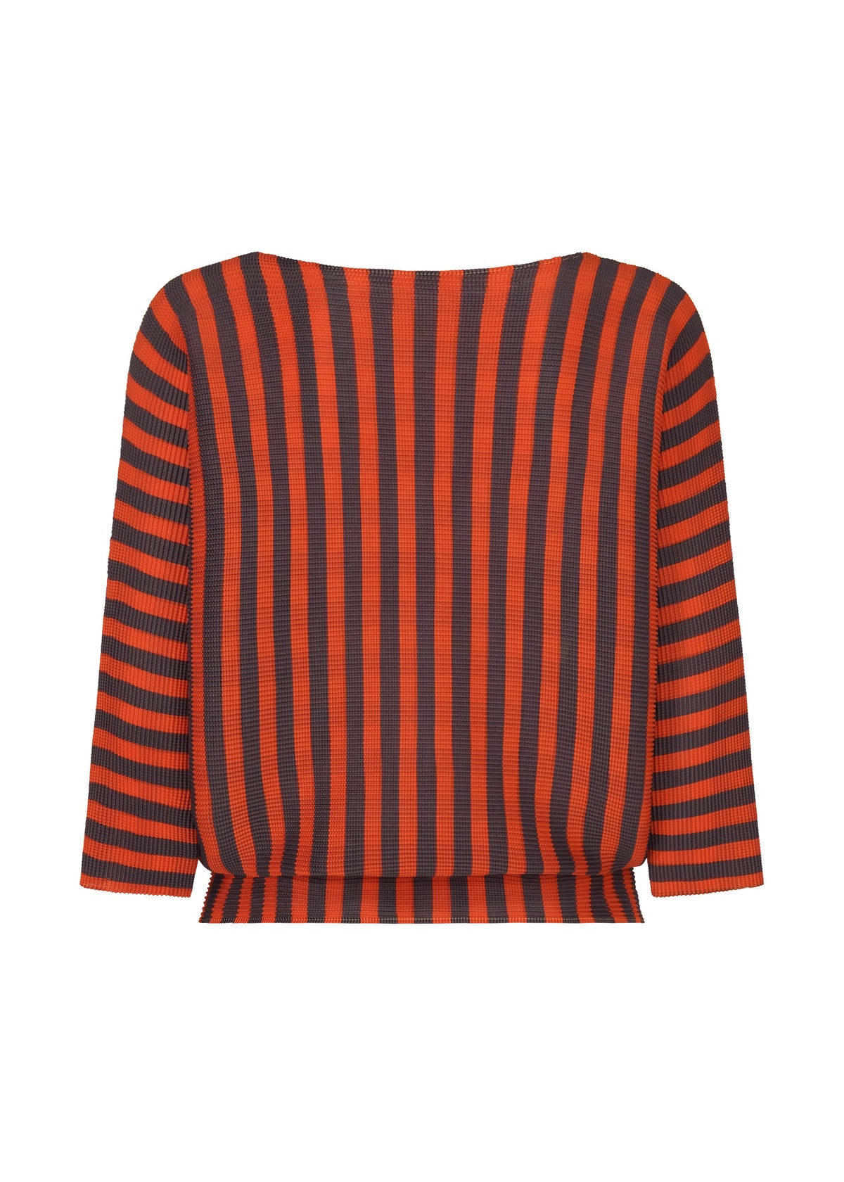 The MAGIC STRIPE top by me ISSEY MIYAKE features a back view with bold vertical orange and black stripes down the center, plus horizontal stripes on the sleeves and sides for a striking, stretchy look. view 2 of 8