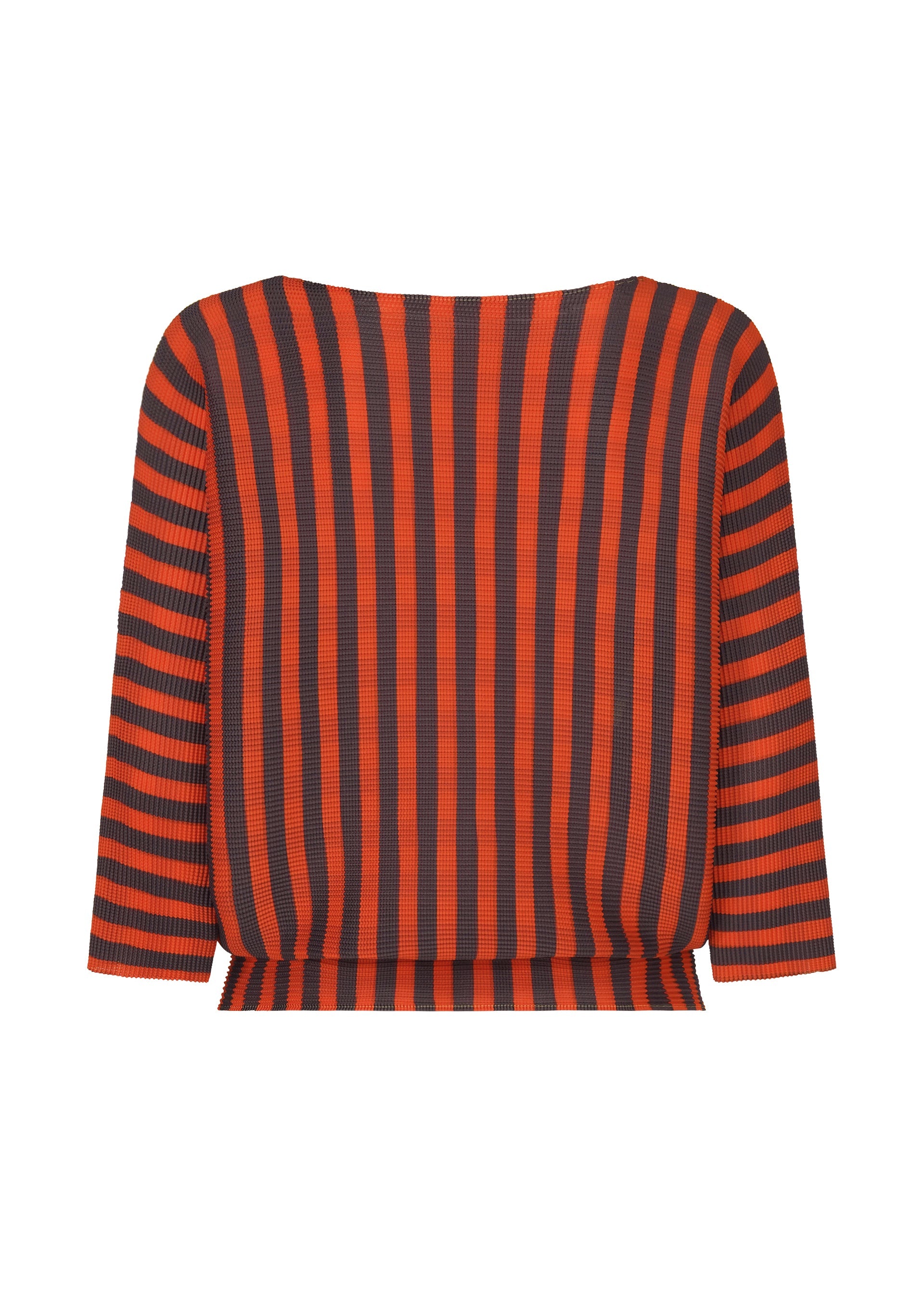 Zoomed view The MAGIC STRIPE top by me ISSEY MIYAKE features a back view with bold vertical orange and black stripes down the center, plus horizontal stripes on the sleeves and sides for a striking, stretchy look.