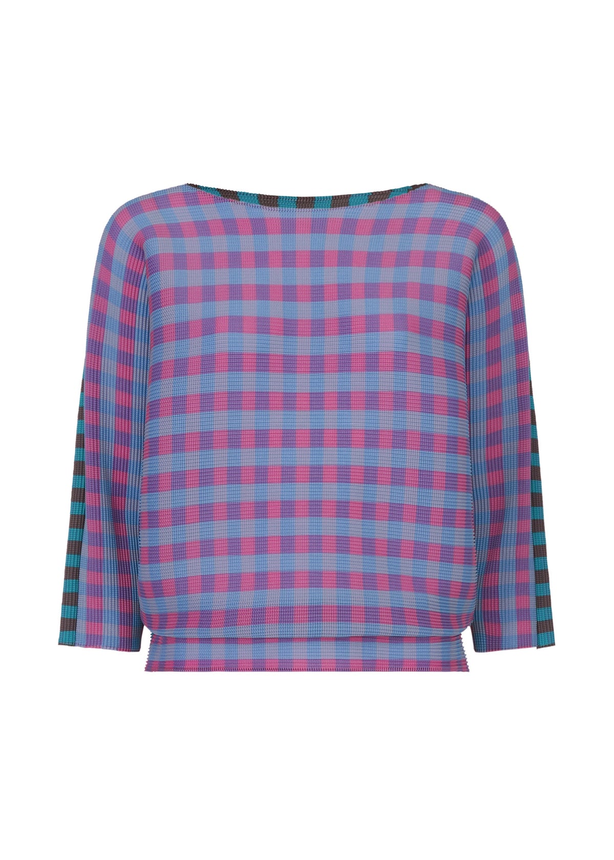 The MAGIC STRIPE blouse by me ISSEY MIYAKE is a loose-fitting, long-sleeve top with pink and blue plaid stripes, a wide neckline, pleats, and a slightly cropped hem. view 3 of 8