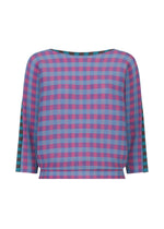 The MAGIC STRIPE blouse by me ISSEY MIYAKE is a loose-fitting, long-sleeve top with pink and blue plaid stripes, a wide neckline, pleats, and a slightly cropped hem. - BLUE MIX （no.90）