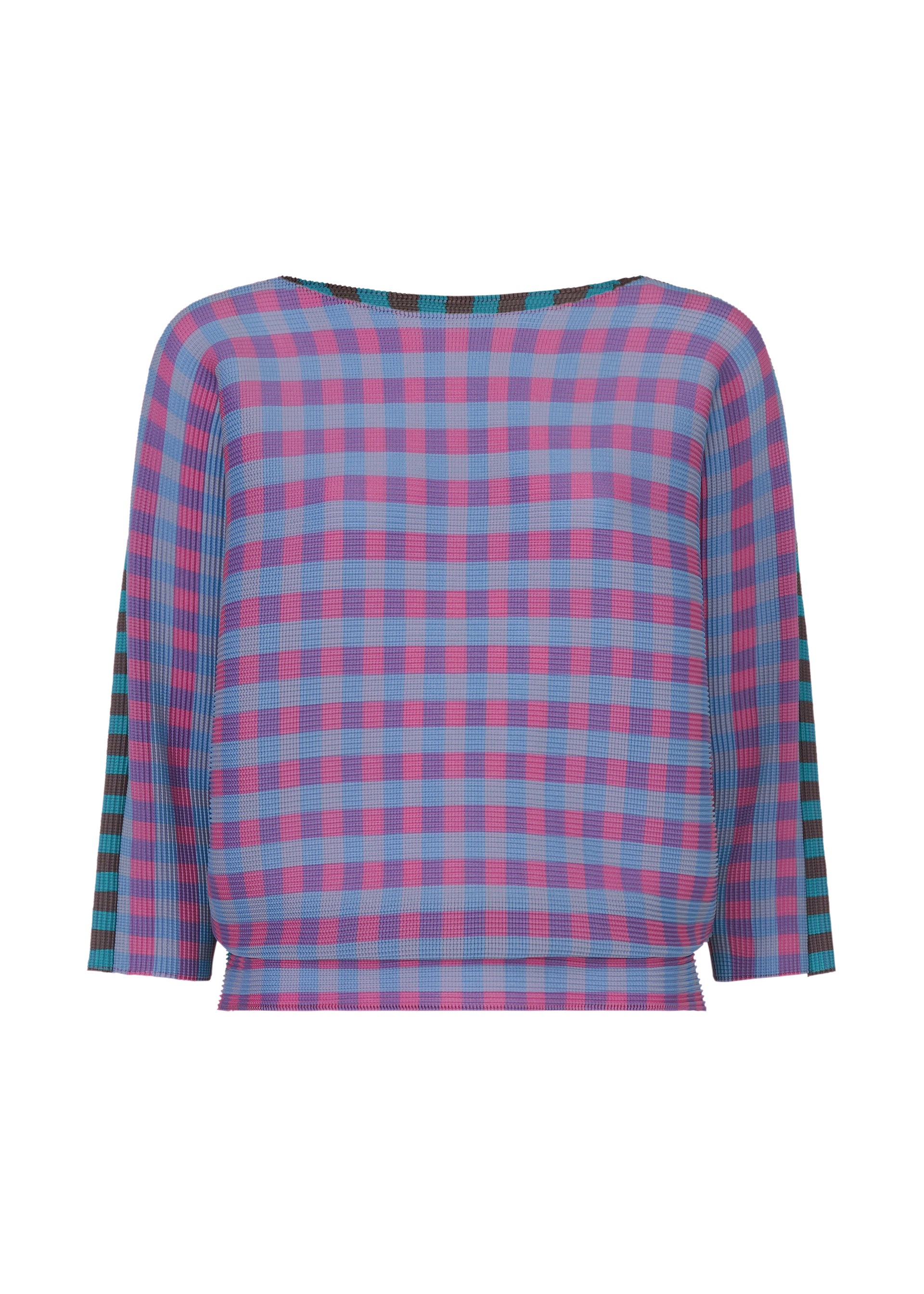 Zoomed view The MAGIC STRIPE blouse by me ISSEY MIYAKE is a loose-fitting, long-sleeve top with pink and blue plaid stripes, a wide neckline, pleats, and a slightly cropped hem. - BLUE MIX （no.90）