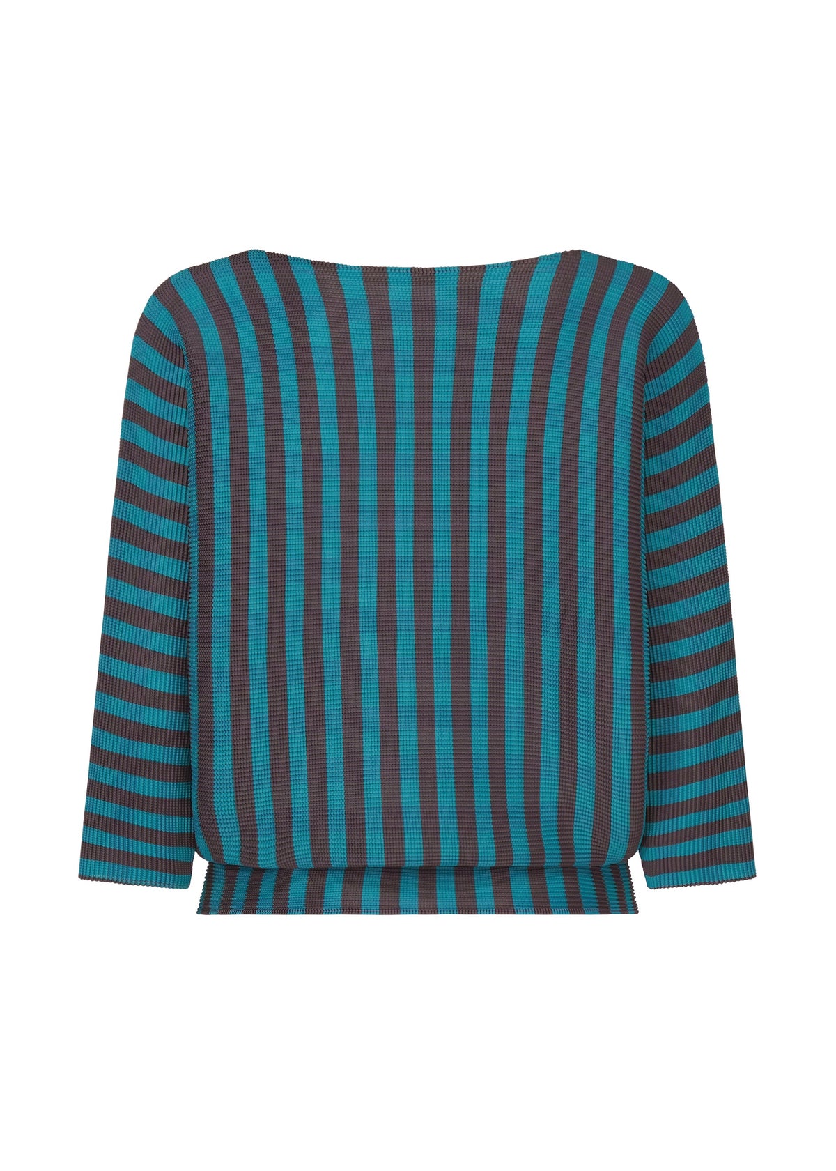 The MAGIC STRIPE top by me ISSEY MIYAKE features bold black and teal vertical stripes on the front and horizontal stripes on the sleeves, set against a white background. view 4 of 8