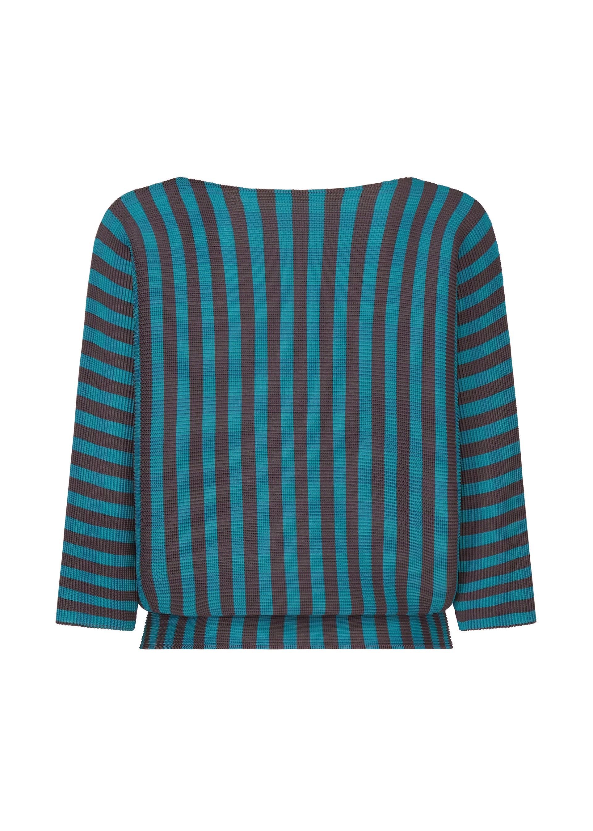 Zoomed view The MAGIC STRIPE top by me ISSEY MIYAKE features bold black and teal vertical stripes on the front and horizontal stripes on the sleeves, set against a white background.