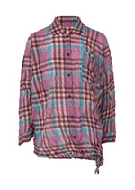 The CHECK WHIPPED PLEATS SHIRT by me ISSEY MIYAKE is a loose, lightweight summer top in pink, teal, and black plaid with a small collar, long sleeves, and an asymmetrical tied knot at the hem. - BLUE MIX （no.90）