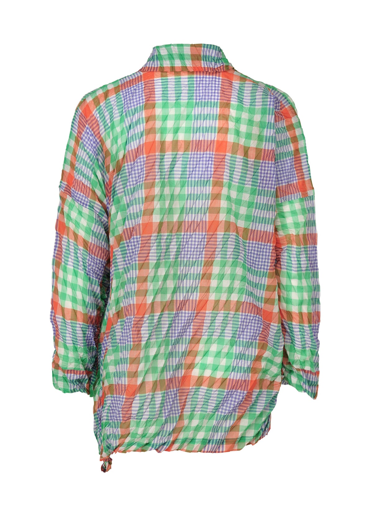 The CHECK WHIPPED PLEATS SHIRT by me ISSEY MIYAKE is a sheer, long-sleeved top with a crinkled texture, crafted from yarn-dyed checkered fabric in orange, green, white, and blue. Shown from the back. view 3 of 7