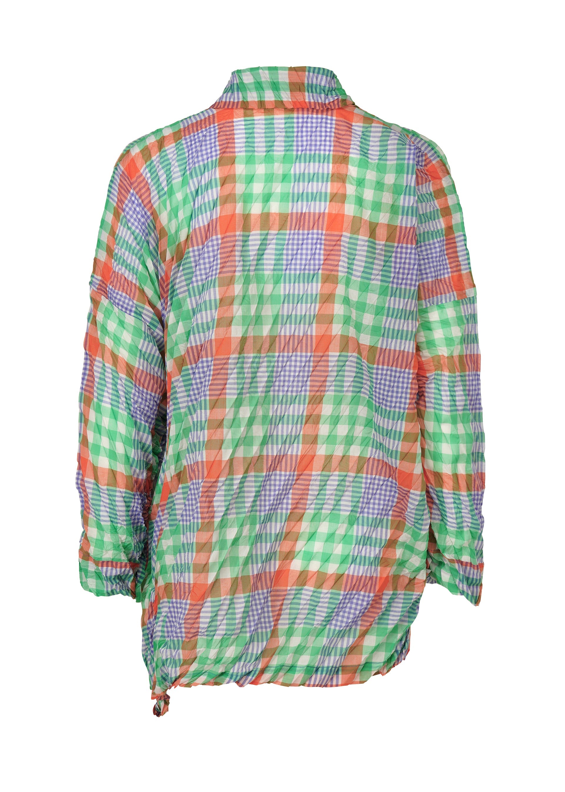 Zoomed view The CHECK WHIPPED PLEATS SHIRT by me ISSEY MIYAKE is a sheer, long-sleeved top with a crinkled texture, crafted from yarn-dyed checkered fabric in orange, green, white, and blue. Shown from the back.