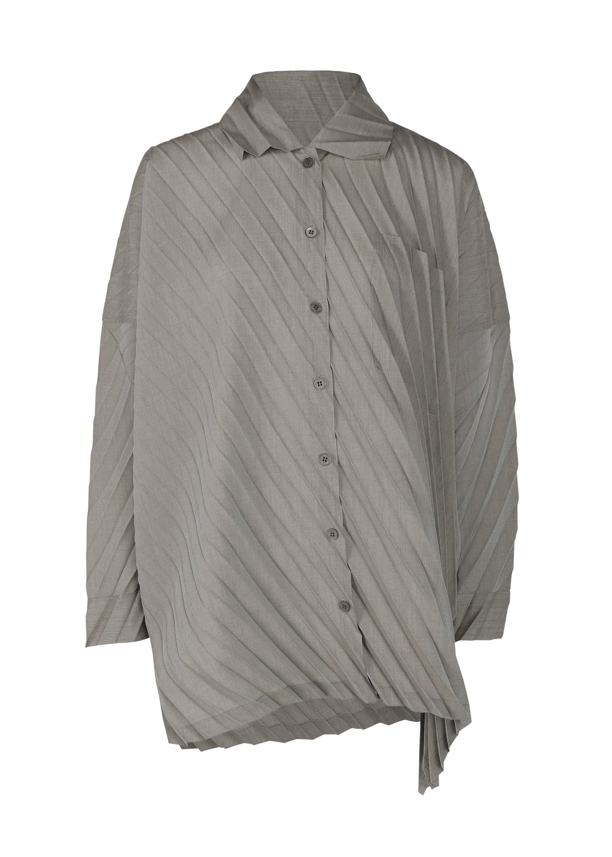 The ANGLE PLEATS SHIRT by me ISSEY MIYAKE is a lightweight, light gray long-sleeve shirt featuring a button-down front, pointed collar, asymmetrical hem, diagonal pleats, and an eye-catching draped detail for versatile style. view 1 of 9