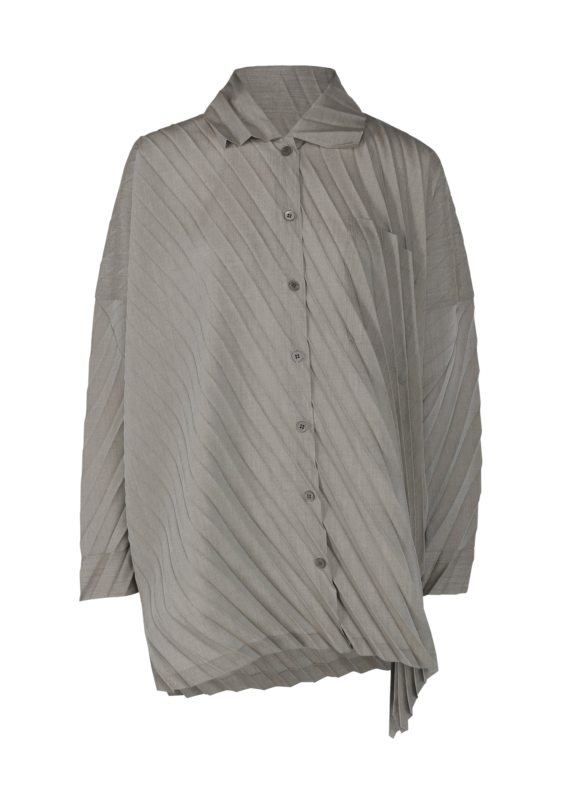 Zoomed view The ANGLE PLEATS SHIRT by me ISSEY MIYAKE is a lightweight, light gray long-sleeve shirt featuring a button-down front, pointed collar, asymmetrical hem, diagonal pleats, and an eye-catching draped detail for versatile style. - CHARCOAL （no.14）