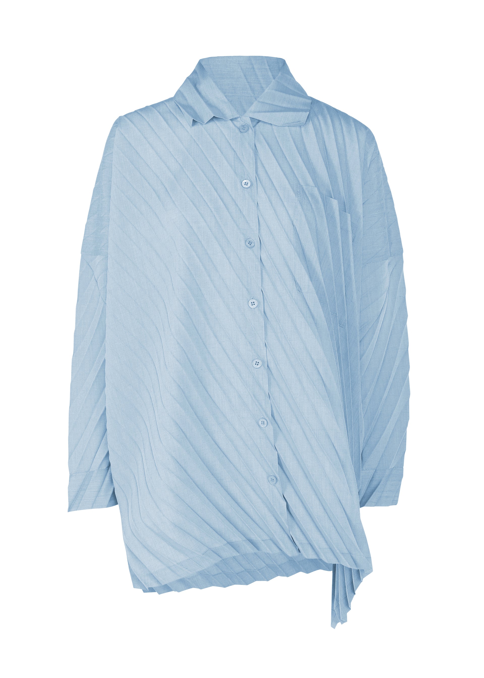 Zoomed view The ANGLE PLEATS SHIRT by me ISSEY MIYAKE is a light blue, long-sleeved, oversized shirt with diagonal pleats, an asymmetrical hem, pointed collar, and unique one-sided draped design for a modern look. - LIGHT BLUE （no.70）
