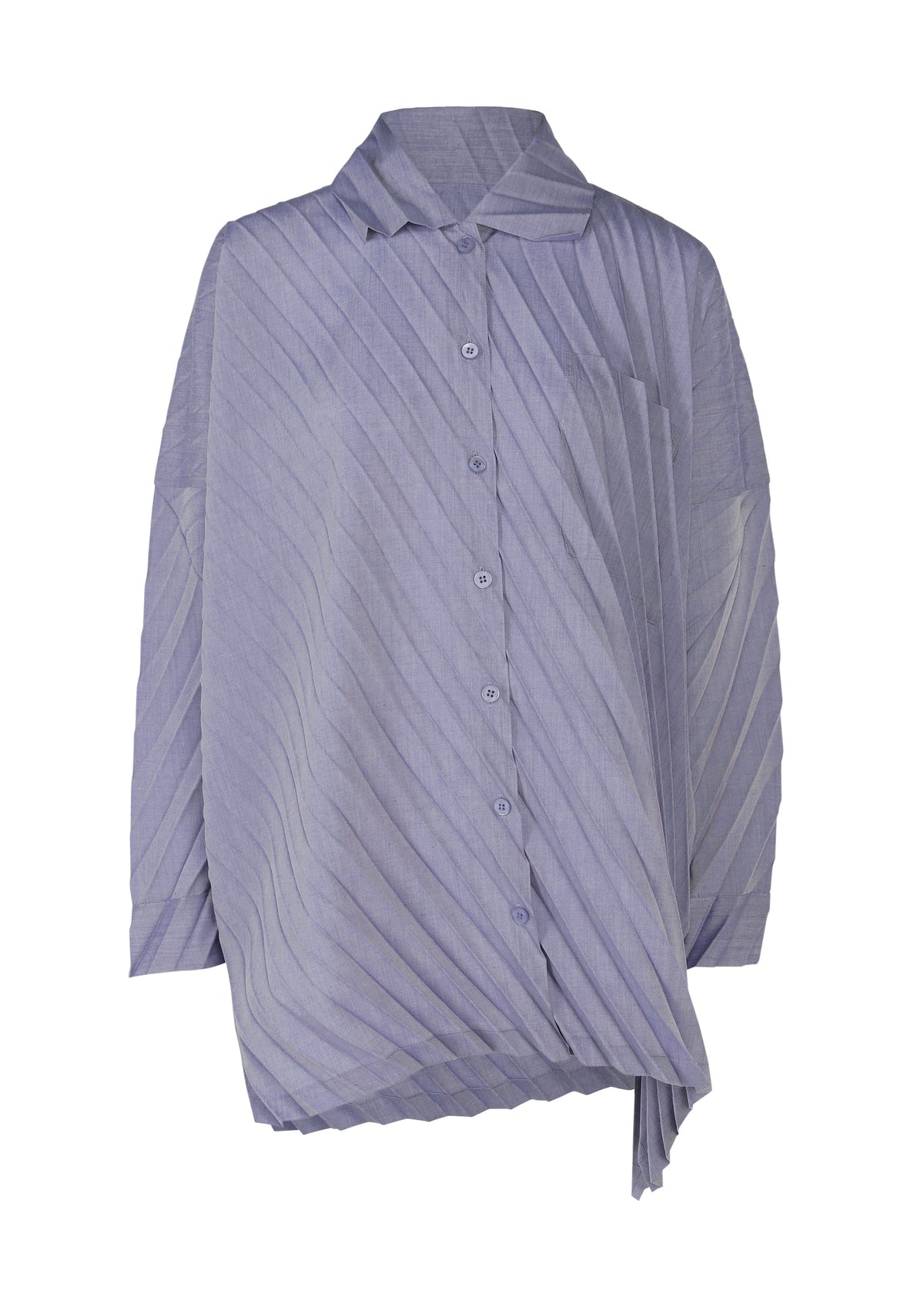 The ANGLE PLEATS SHIRT by me ISSEY MIYAKE is a lightweight, loose-fit, long-sleeved shirt in light purple featuring a button-up front, asymmetric hem, and diagonal pleats for a modern textured look. view 3 of 9