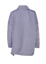 The ANGLE PLEATS SHIRT by me ISSEY MIYAKE is a lightweight, long-sleeved light purple shirt with a collar, diagonal pleats, textured fabric, and an asymmetrical hem shown from the back.