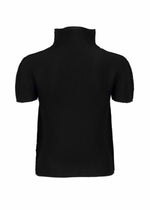 The image shows the STRETCH PLEATS top by me ISSEY MIYAKE, a black, short-sleeved, high-neck garment displayed from the back against a white background. The fabric is lightly textured with subtle stretch pleats.