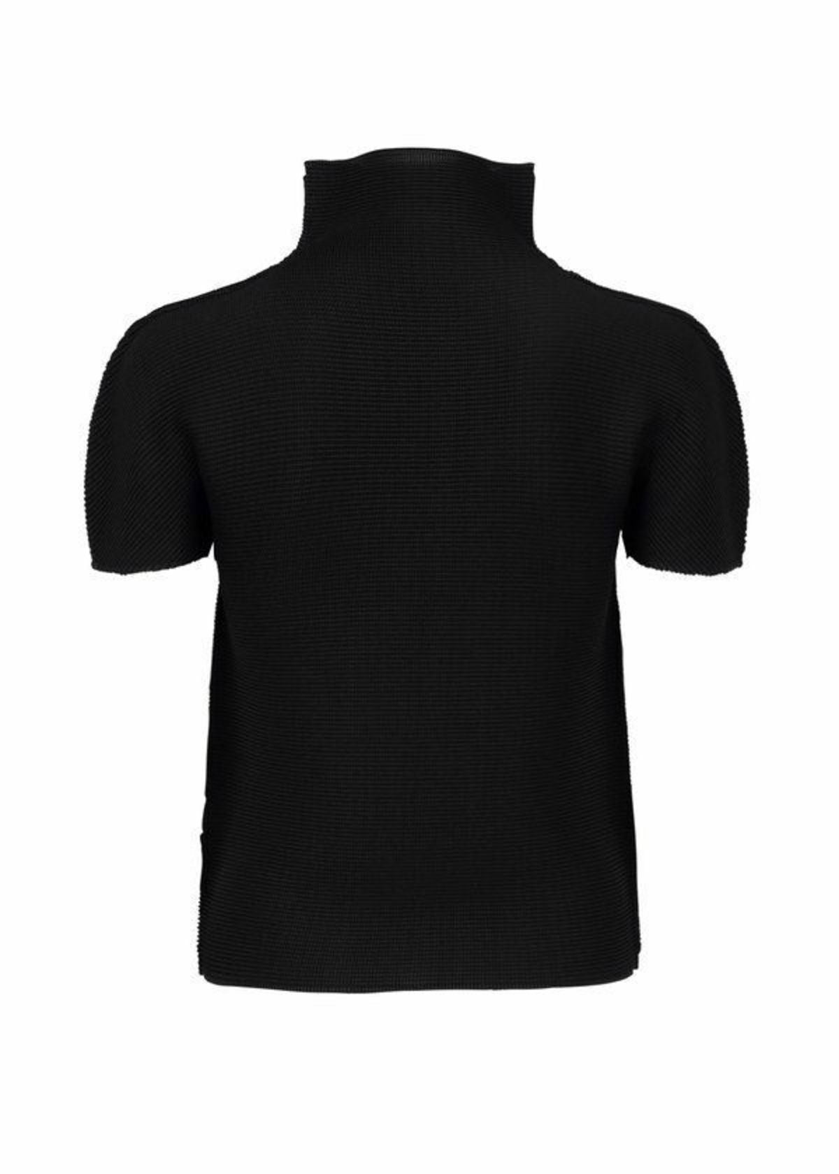 Zoomed view The image shows the STRETCH PLEATS top by me ISSEY MIYAKE, a black, short-sleeved, high-neck garment displayed from the back against a white background. The fabric is lightly textured with subtle stretch pleats.