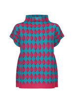 The DIAMOND top by me ISSEY MIYAKE is a short-sleeve, high-neck piece with a vibrant magenta and teal diamond pattern, shown on a plain white background. - PINK×BLUE （no.29）